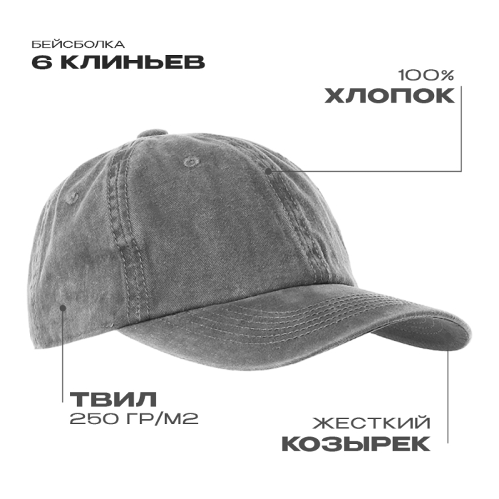 Бейсболка винтажная 6 клиньев хлопок 250, 22